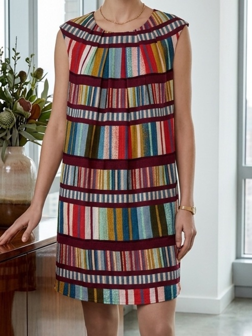 Maeve Anthropologie Multicolor Striped Pleated Scoop Neck Shift Dress Size 0